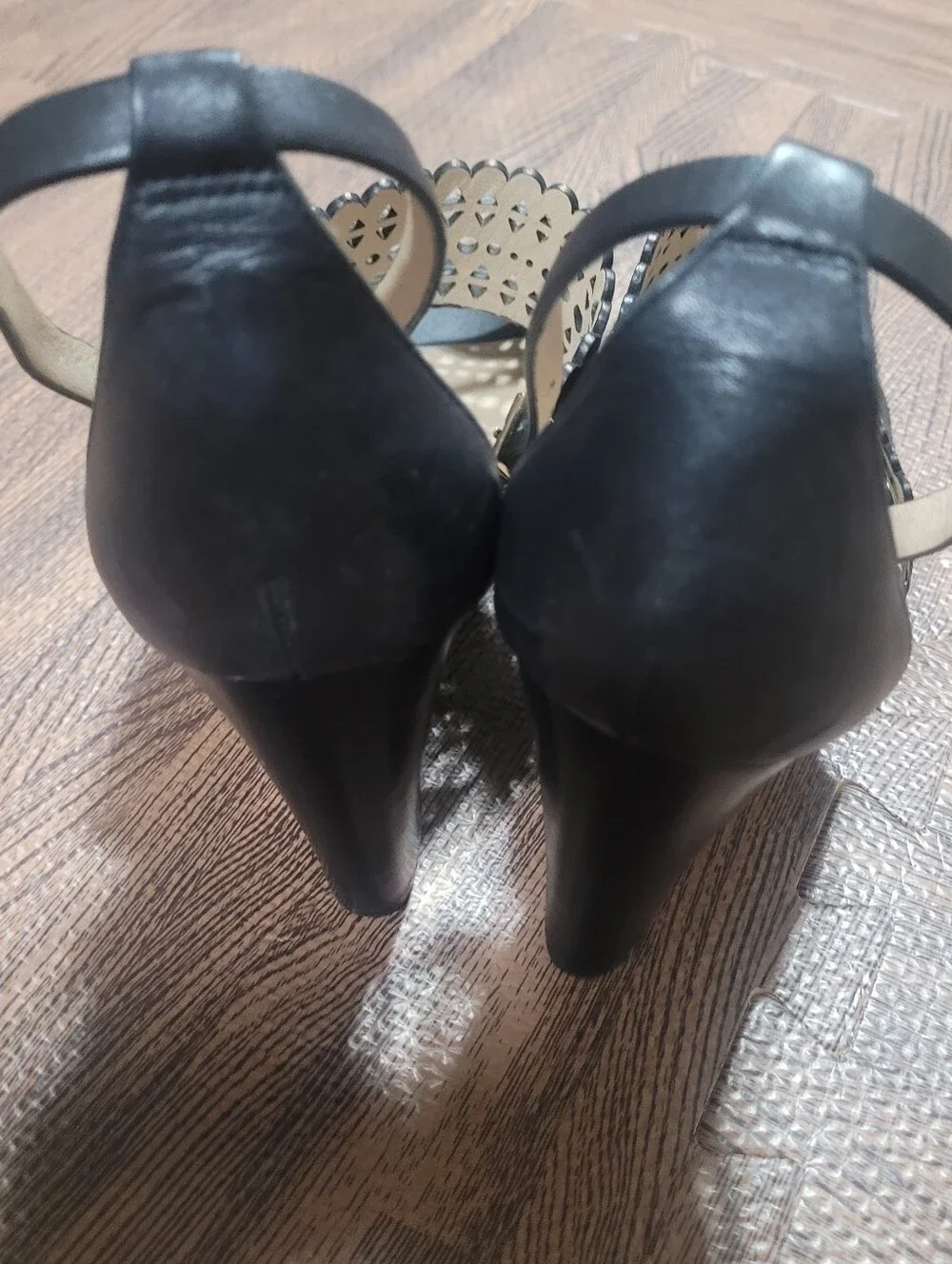 Tory Burch Nutria black perforated laser-cut leather gladiator wedge sandals  9M